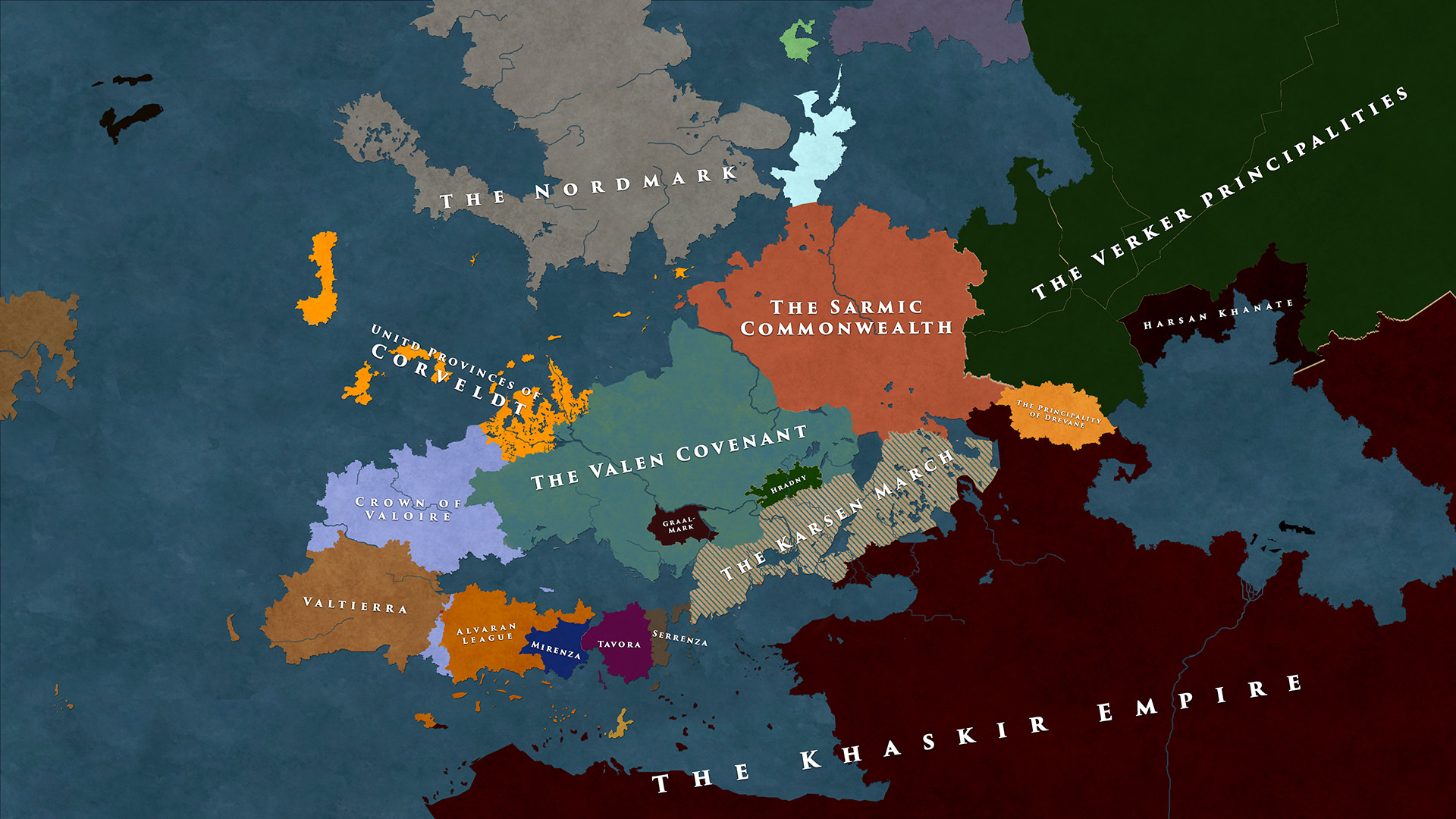 A hand-drawn map of the frontier — the Covenant heartland, the Marches, the Draskir Steppe, and the star fortresses of Karnhelm, Marholt, Viremont, Tor Vale, and Greywatch.
